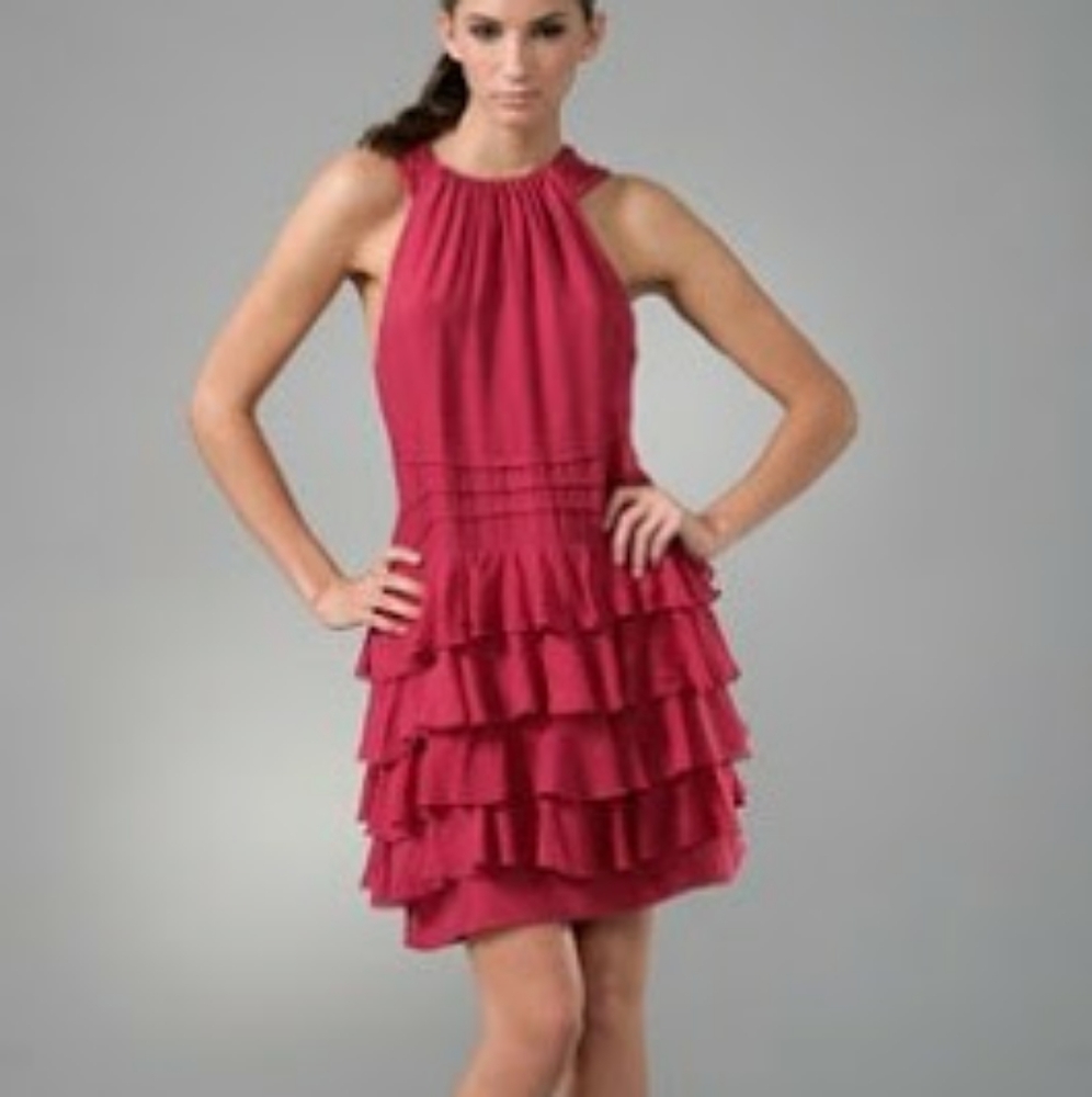 Sari Gueron Fuschia Ruffled Tiered Silk Dress